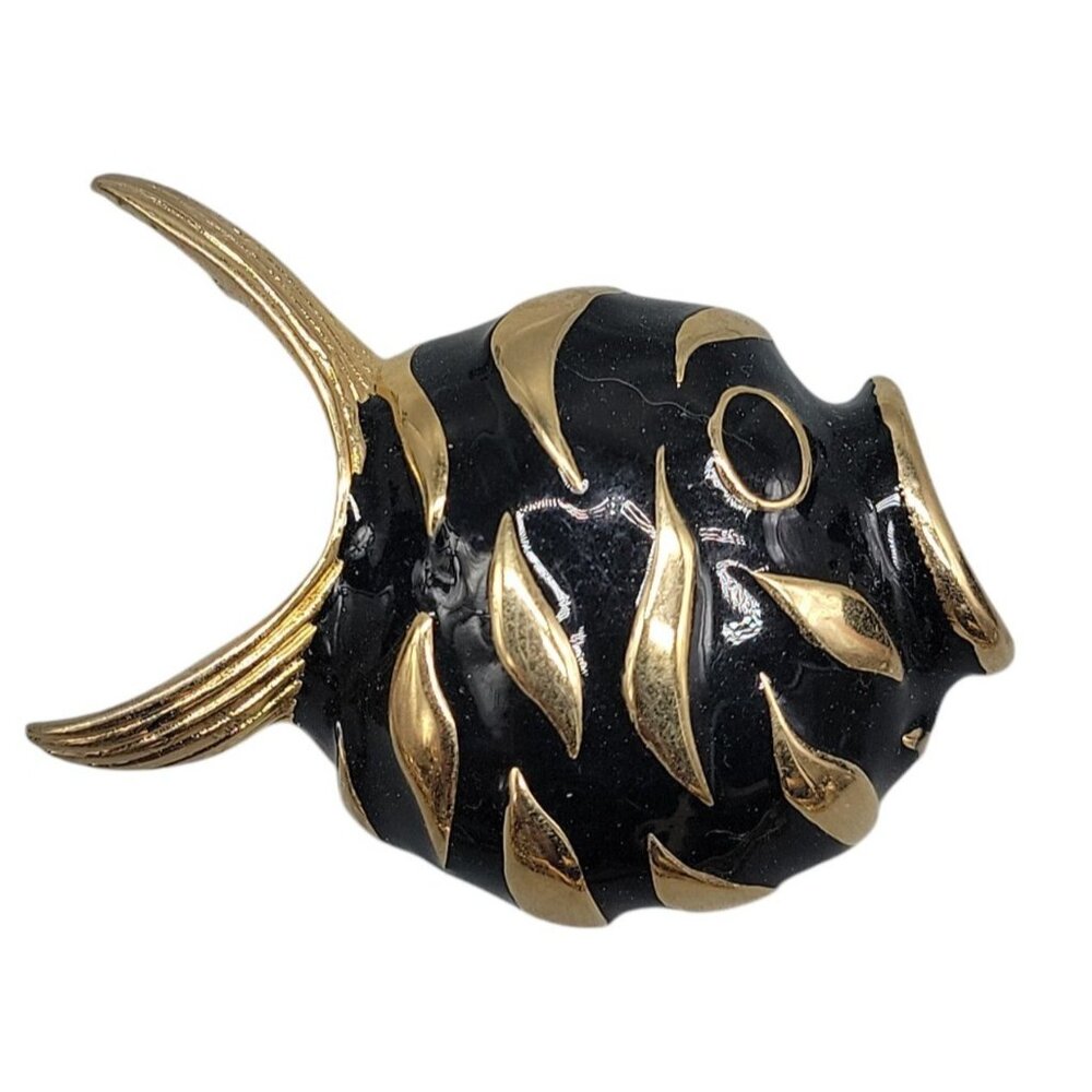 Blowfish Brooch Black Enamel & Gold Tone Vintage Puffy Sealife Pin Unmarked